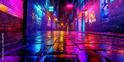 A cyberpunk 3D background depicting a neon-lit alleyway covered in glowing digital advertisements. The wet, reflective pavement amplifies the vibrant city lights, creating a moody and immersive