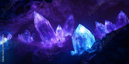 A 3D background featuring a crystalline cave where glowing blue and violet minerals emit soft luminescence. The reflections bounce off the smooth, translucent surfaces, creating a mysterious and