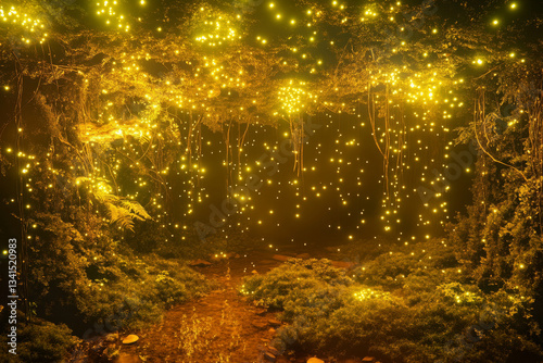 A magical enchanted forest hideout 3D background room with walls made of intertwining glowing vines, a bed of soft moss, and ethereal fairy lights floating in the air. The bioluminescent fungi and