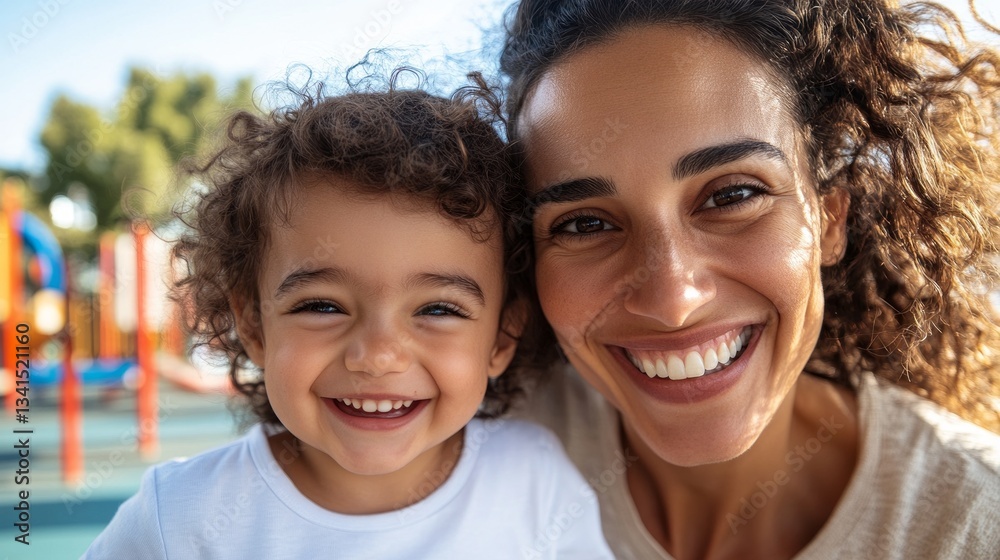 This image features a joyful family moment at a playground. A happy woman and child are smiling and looking towards the camera, with the woman holding her baby against a slide backdrop. This image features a joyful family moment at a playground. A happy woman and child are smiling and looking towards the camera, with the woman holding her baby against a slide backdrop.