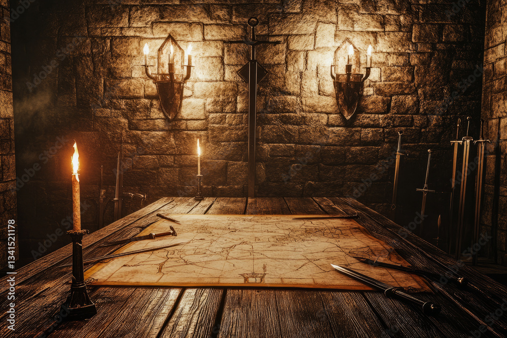 A medieval castle war room 3D background with an enormous wooden table covered in battle maps, old swords resting on the stone walls, and torches flickering in iron sconces. The dim, smoky ambiance
