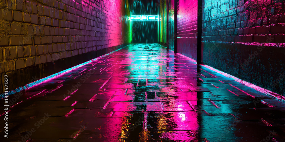 A cyberpunk-inspired 3D background showcasing a neon-lit alleyway with rain-soaked pavement reflecting vibrant pink, blue, and green city lights. The atmospheric depth adds a cinematic feel.
