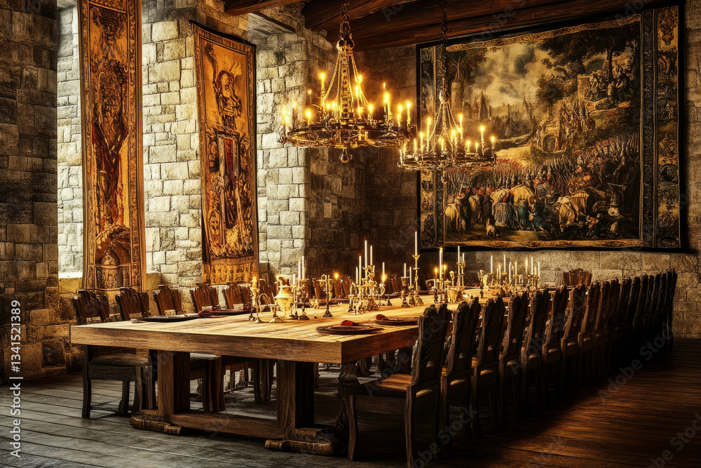 A luxurious medieval banquet hall 3D background room featuring a massive wooden dining table with golden goblets, flickering candle chandeliers, and ancient tapestries depicting legendary battles. The