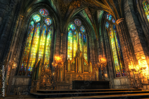 A grand gothic cathedral 3D background room with towering stained-glass windows casting ethereal colored light  massive stone arches stretching into the heavens  flickering candlelit chandeliers  and