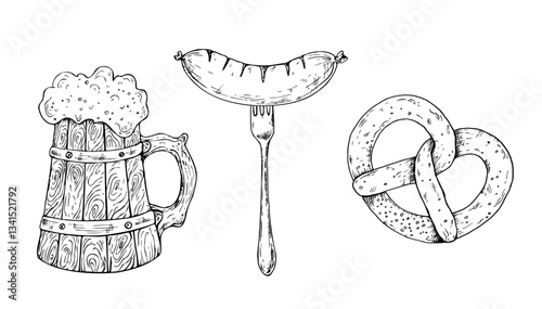 Vector grilled sausage on fork. Bavarian pretzel, Brezel with salt. Graphic German beer, bratwurst illustration isolated on background. Hand drawn line sketch. For designers, prints, postcards
