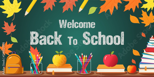 Back to school vector background design. Colorful Classroom Supplies and Learning Concept
