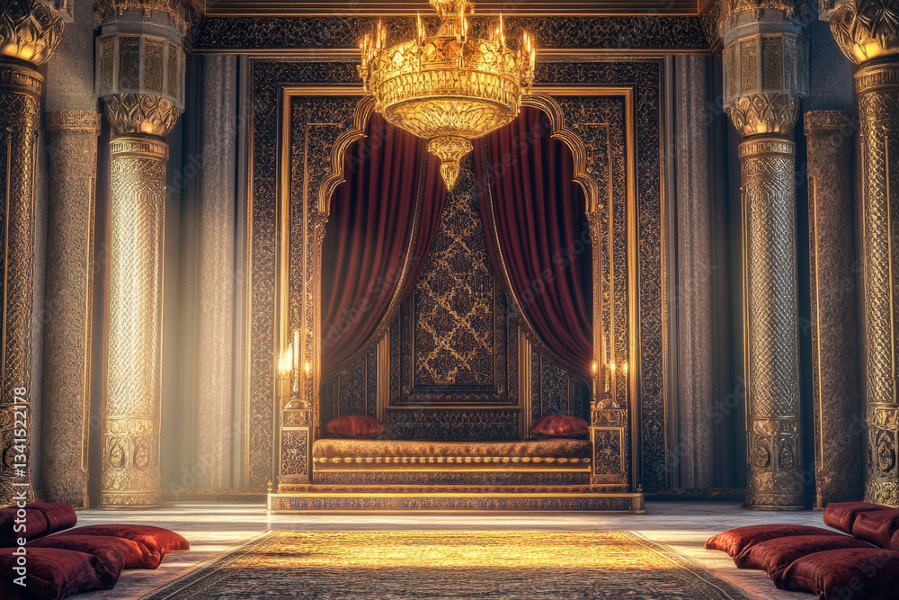 A royal Arabian palace chamber 3D background room with intricate mosaic patterns, gold-trimmed silk drapes, and an opulent chandelier. The space is rich with deep jewel-toned cushions and exotic