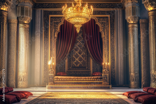 Obraz na płótnie A royal Arabian palace chamber 3D background room with intricate mosaic patterns, gold-trimmed silk drapes, and an opulent chandelier. The space is rich with deep jewel-toned cushions and exotic w salonie