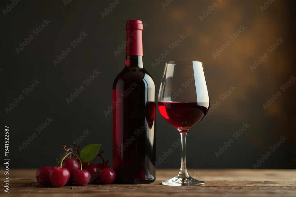 Obraz premium Full bottle & half-filled glass of rich red wine , product, elegant, delicious