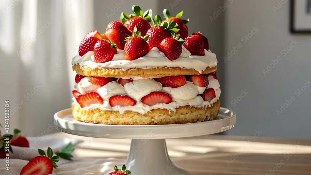 Delicious fresh strawberry shortcake garnished with ripe strawberries on a white cake stand, Fresh strawberry shortcake on cake stand with strawberries around it, soft natural light