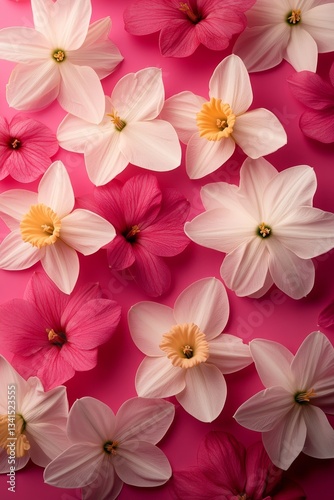 Spring Floral Arrangement, Delicate White Daffodils and Pink Hyacinths on Pastel Pink Background