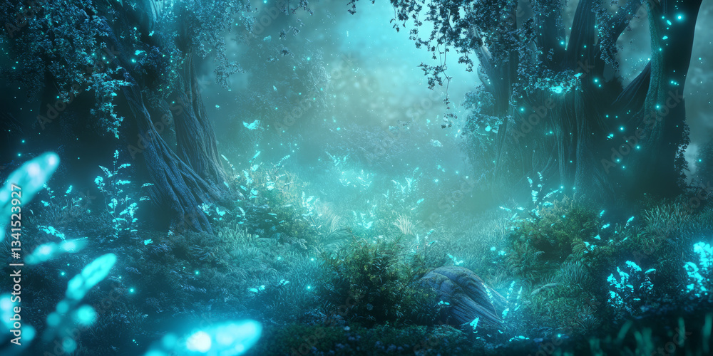 A fantasy-themed 3D background depicting an enchanted glowing forest with bioluminescent plants and misty, ethereal lighting. The soft blue and green hues enhance the magical and mysterious setting.