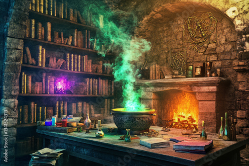 Obraz na płótnie A mystical alchemist’s laboratory 3D background room with shelves lined with ancient books, bubbling potions emitting colorful smoke, golden runes glowing on stone walls, an enchanted cauldron w salonie