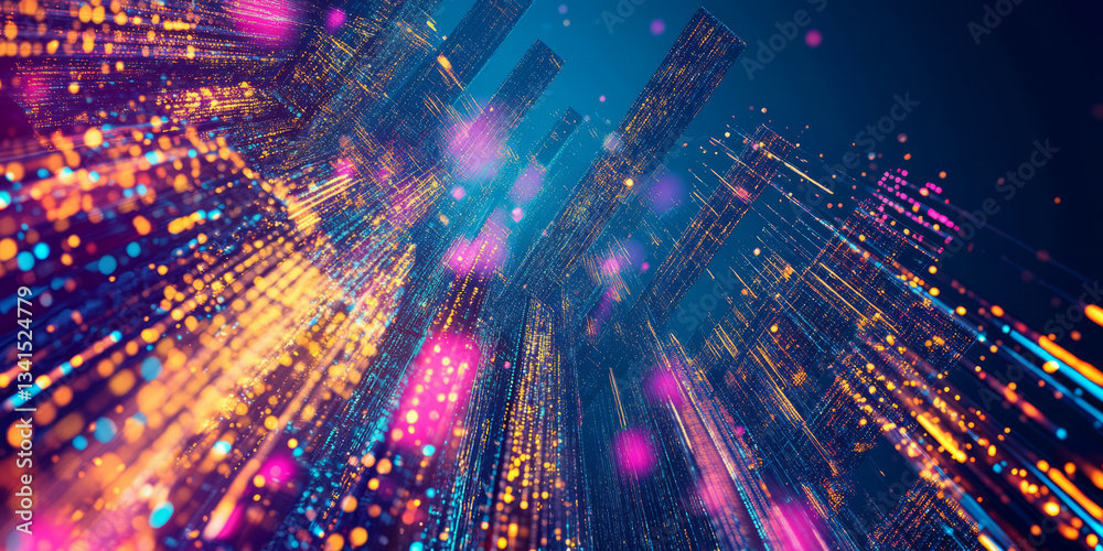 A vibrant 3D background of a neon-lit cityscape with towering skyscrapers covered in glowing digital patterns. The deep blues and purples contrast with bright pinks and yellows, evoking a