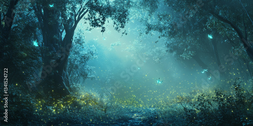 A fantasy-themed 3D background depicting an enchanted glowing forest with bioluminescent plants and misty, ethereal lighting. The soft blue and green hues enhance the magical and mysterious setting.