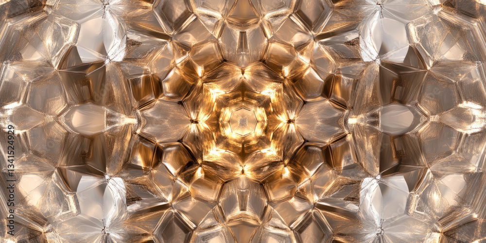 A geometric 3D background featuring an intricate honeycomb pattern of metallic hexagons, each glowing softly from within. The precise symmetry and futuristic lighting create a sleek and modern look.