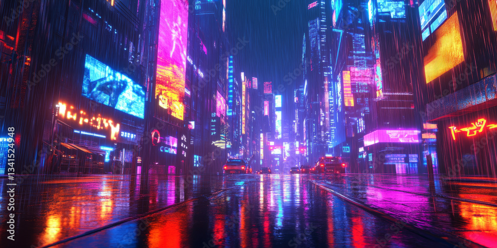A cyberpunk-themed 3D background showcasing a neon-lit cityscape with towering digital billboards and rain-soaked streets reflecting vibrant colors. The moody lighting and futuristic aesthetic create