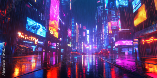 A cyberpunk-themed 3D background showcasing a neon-lit cityscape with towering digital billboards and rain-soaked streets reflecting vibrant colors. The moody lighting and futuristic aesthetic create