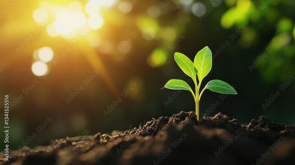 Young green plant in sunlit soil depicting growth and renewal. Young green plant in sunlit soil depicting growth and renewal.