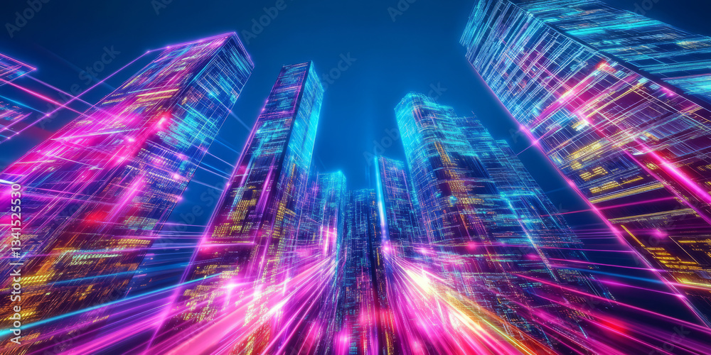 A vibrant 3D background of a neon-lit cityscape with towering skyscrapers covered in glowing digital patterns. The deep blues and purples contrast with bright pinks and yellows, evoking a