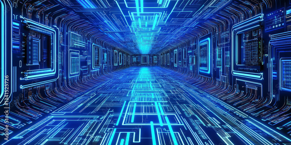 A high-tech 3D background showcasing an illuminated circuit board stretching infinitely into the distance. The intricate electronic patterns and pulsating neon energy create a futuristic digital