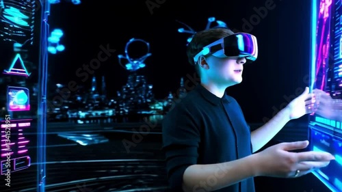 a boy using holographic screen in cyperpunk city at night 