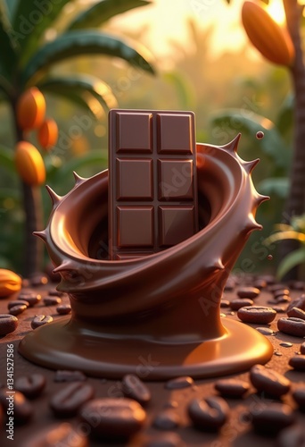 A professional and high-quality mockup of melting chocolate, perfect for advertising, graphic design, and social media use. This image is AI-generated and features a combination of warm lighting and a