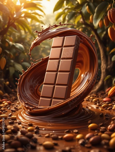 A professional and high-quality mockup of melting chocolate, perfect for advertising, graphic design, and social media use. This image is AI-generated and features a combination of warm lighting and a