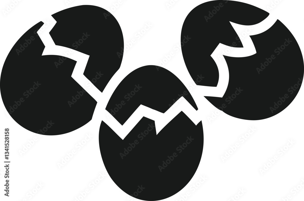Simple, black and white graphic of three cracked eggs against a white background.