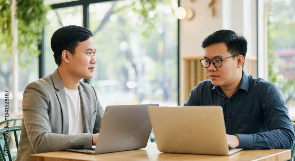 Two asian young males working on laptops in a modern office setting Two asian young males working on laptops in a modern office setting