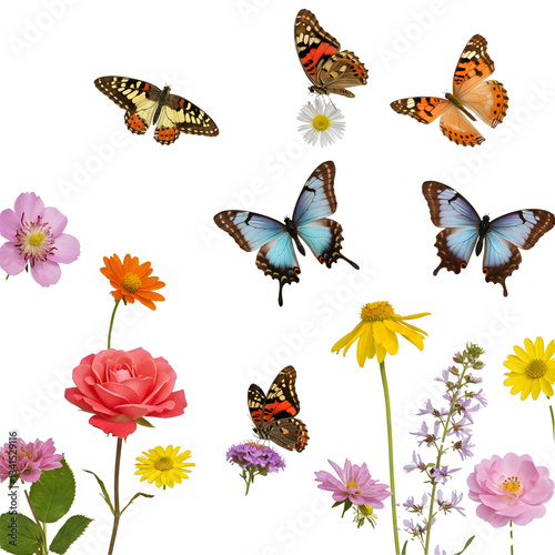 Collage of butterflies with various wing patterns and colors on different flowers on a transparent background.