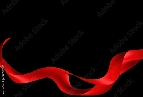 A crimson ribbon with a flowing, undulating wave pattern, set against a stark black backdrop, ribbon, wavy