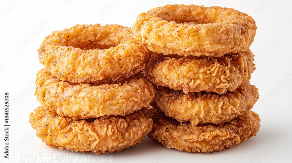 A tower of fried chicken pieces styled with crispy onion rings A tower of fried chicken pieces styled with crispy onion rings