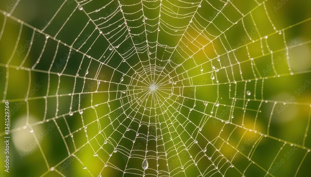Fototapeta premium A dew-kissed spiderweb, glistening threads intricately woven, reflecting morning light, water droplets, delicate