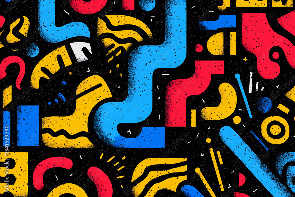 Naklejka premium Vibrant abstract digital art with chaotic overlapping geometric shapes in blue, red, yellow, and black; ideal for modern design backgrounds, posters.