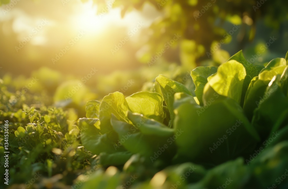 Fototapeta premium Crisp lettuce leaves basking in warm sunrise light,