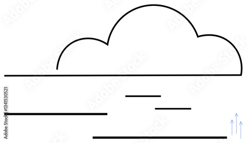 Cloud outline above horizontal lines with small upward arrows symbolizing air circulation and motion. Ideal for weather, climate, airflow, data storage, simplicity, abstraction, flat simple metaphor