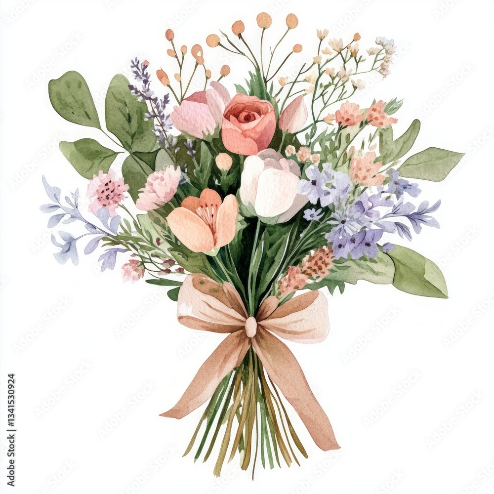 Obraz premium vintage Hand-Drawn hand-tied bouquet of roses, lilies, mixed spring flowers, tied with a ribbon, white background