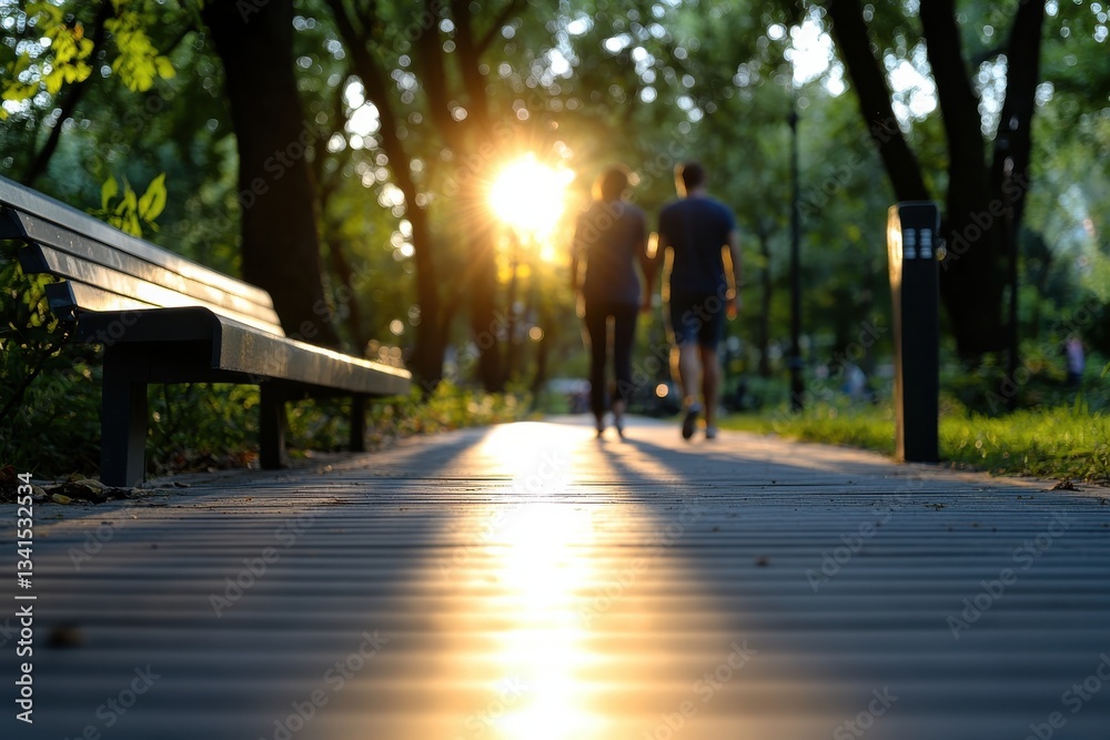 Fototapeta premium A couple strolls through a serene park during sunset, illuminated by golden light filtering through the trees, creating a romantic and peaceful atmosphere for their time together.