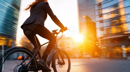Young caucasian female biking in urban cityscape at sunset.