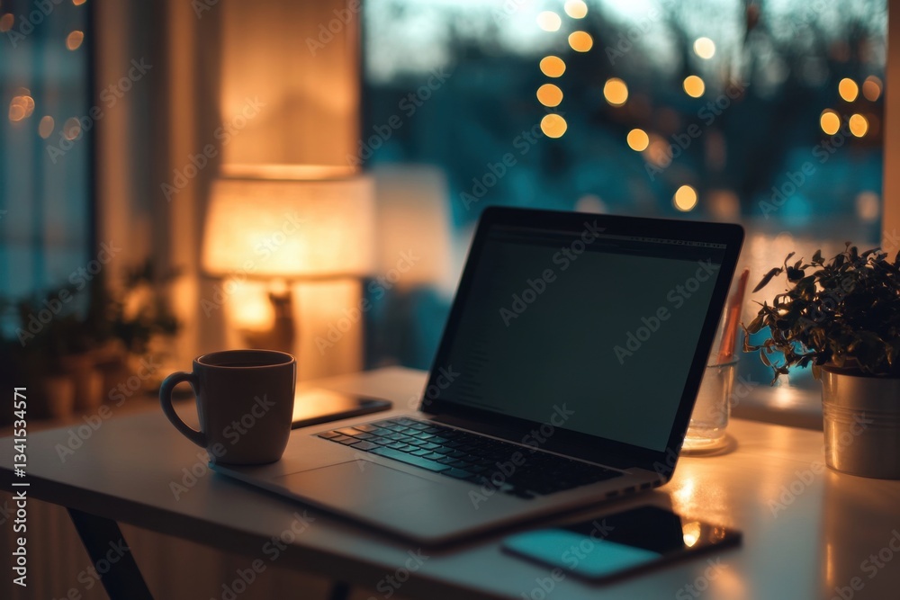 Fototapeta premium Modern Workspace with Laptop and Coffee
