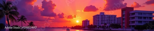 Vibrant orange and purple sky over Miami's Art Deco buildings , horizon, sky