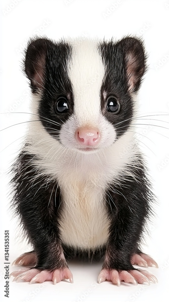 Obraz premium Woodland animals habitat hidden. A cute, small animal with a black and white coat, sitting upright and looking curiously at the viewer with large, expressive eyes.