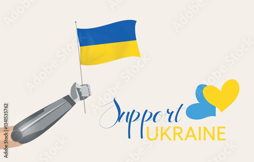 Support Ukraine Concept with Prosthetic Hand Holding Ukrainian Flag. Vector Illustration. Editable image.