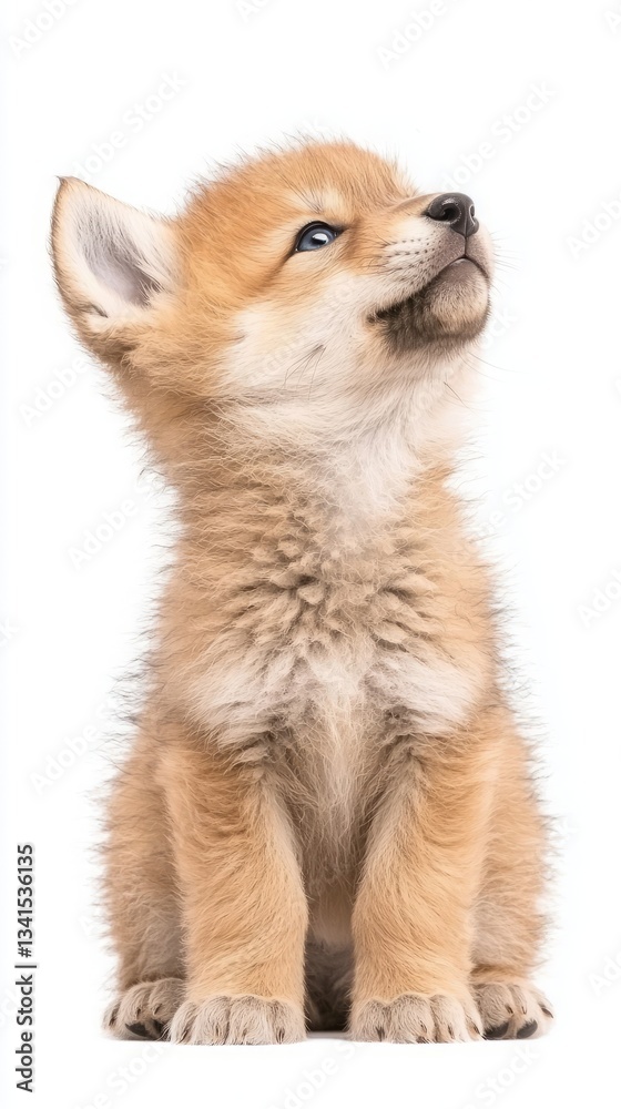 Obraz premium Woodland animals habitat hidden. A fluffy, adorable fox cub gazes upward with bright blue eyes, showcasing its soft fur and playful demeanor.