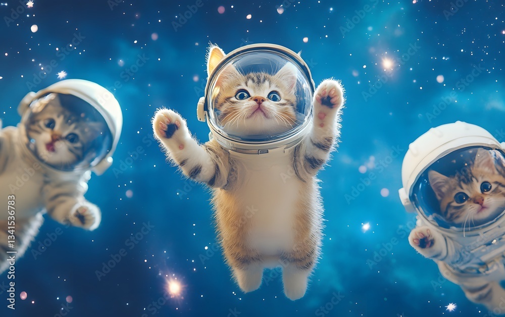 Playful space cats floating in zero gravity with astronaut helmets, chasing shooting stars
