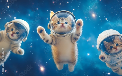Obraz na płótnie Playful space cats floating in zero gravity with astronaut helmets, chasing shooting stars w salonie