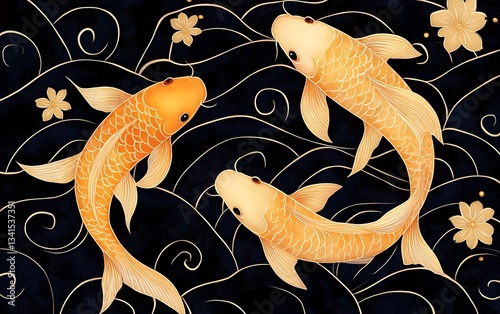 Elegant golden koi fish swimming in stylized swirling waves inspired by traditional Japanese ink art