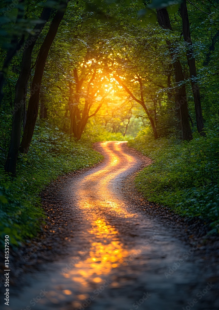 Obraz premium A narrow road meandering through a dense enchanted forest with soft light peeking through leaves