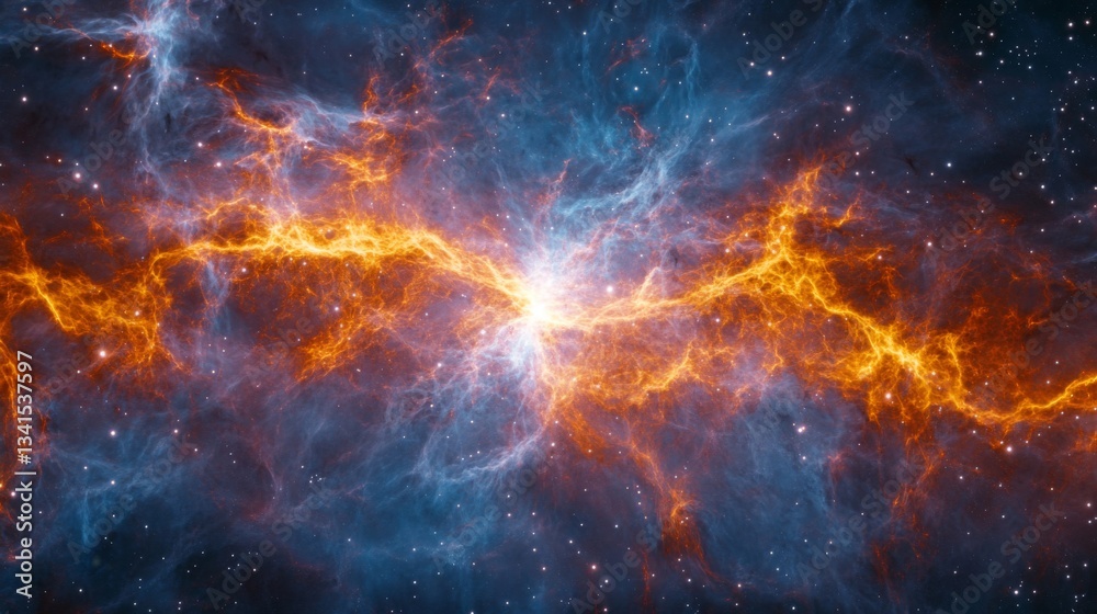 Naklejka premium Fiery Cosmic Nebula with Orange and Blue Hues